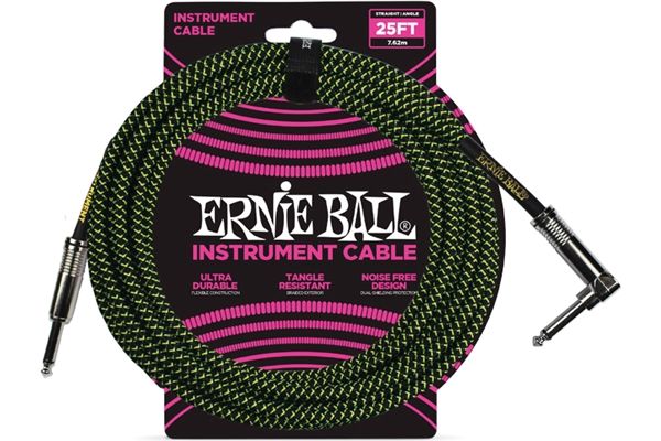 ERNIE BALL P06066 Siyah – Yeşil 25ft Düz Örgülü Kablo